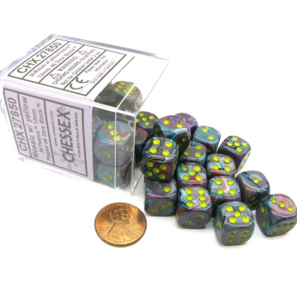 Festive 12mm D6 Chessex Dice Block (36 Dice) -Mosaic with Yellow Pips - Your Source for Gaming Essentials Clearance