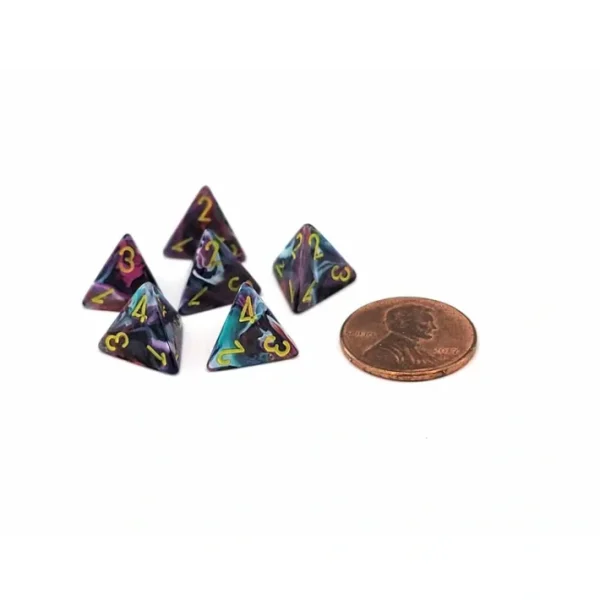 Festive 12mm Mini 4 Sided D4 Dice, 6 Pieces - Mosaic with Yellow Numbers - Your Source for Gaming Essentials Fashion