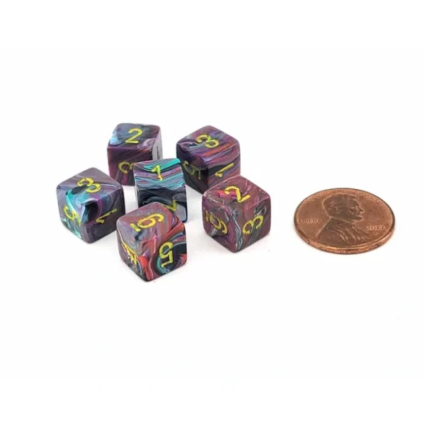 Festive 9mm Mini 6 Sided D6 Dice, 6 Pieces - Mosaic with Yellow Numbers - Your Source for Gaming Essentials Sale