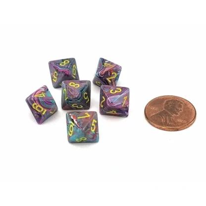 Festive 9mm Mini 8 Sided D8 Dice, 6 Pieces - Mosaic with Yellow Numbers - Your Source for Gaming Essentials Hot
