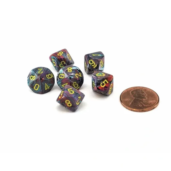 Festive 10mm Mini 10 Sided D10 Dice, 6 Pieces - Mosaic with Yellow Numbers - Your Source for Gaming Essentials Fashion