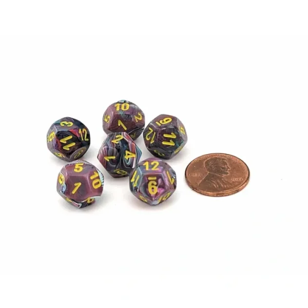 Festive 12mm Mini 12 Sided D12 Dice, 6 Pieces - Mosaic with Yellow Numbers - Your Source for Gaming Essentials Online