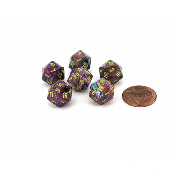 Festive 12mm Mini 20 Sided D20 Dice, 6 Pieces - Mosaic with Yellow Numbers - Your Source for Gaming Essentials Flash Sale