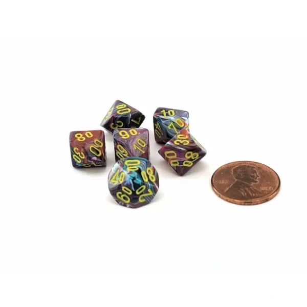 Festive 10mm Mini Tens D10 Dice, 6 Pieces - Mosaic with Yellow Numbers - Your Source for Gaming Essentials New