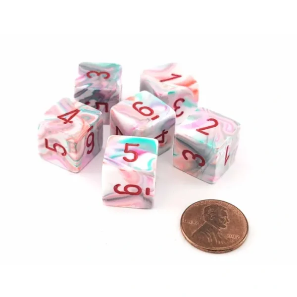Festive 15mm 6-Sided D6 Numbered Dice, 6 Pieces - Pop Art with Red Numbers - Your Source for Gaming Essentials Shop