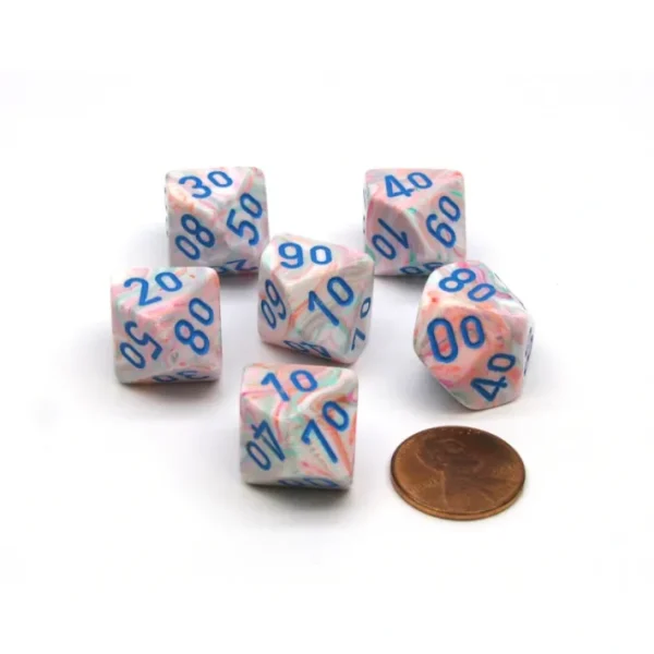 Festive 16mm Tens D10 (00-90) Chessex Dice, 6 Pieces - Pop Art with Blue Numbers - Your Source for Gaming Essentials Best Sale