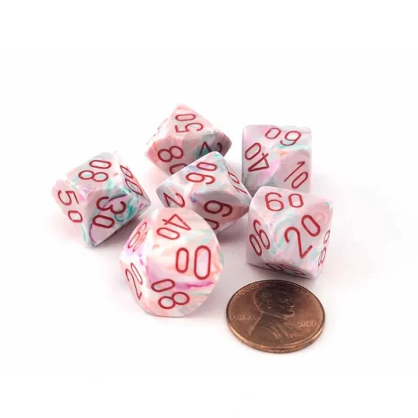 Festive 16mm Tens D10 (00-90) Chessex Dice, 6 Pieces - Pop Art with Red Numbers - Your Source for Gaming Essentials Online