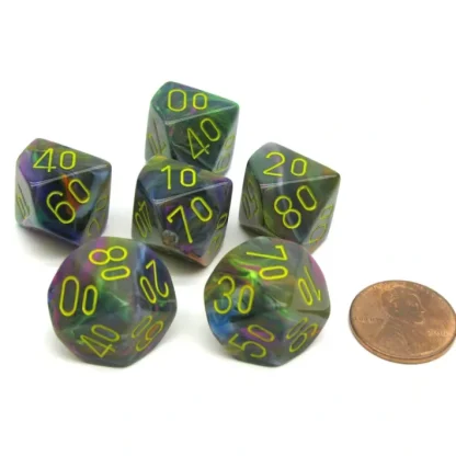 Festive 16mm Tens D10 (00-90) Chessex Dice, 6 Pieces - Rio with Yellow Numbers - Your Source for Gaming Essentials Flash Sale