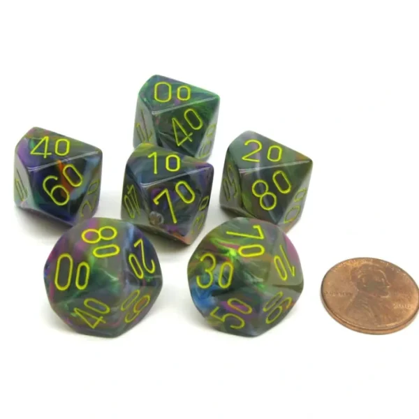 Festive 16mm Tens D10 (00-90) Chessex Dice, 6 Pieces - Rio with Yellow Numbers - Your Source for Gaming Essentials Flash Sale