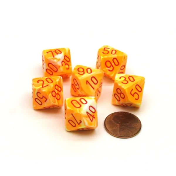 Festive 16mm Tens D10 (00-90) Chessex Dice, 6 Pieces - Sunburst with Red Numbers - Your Source for Gaming Essentials Sale