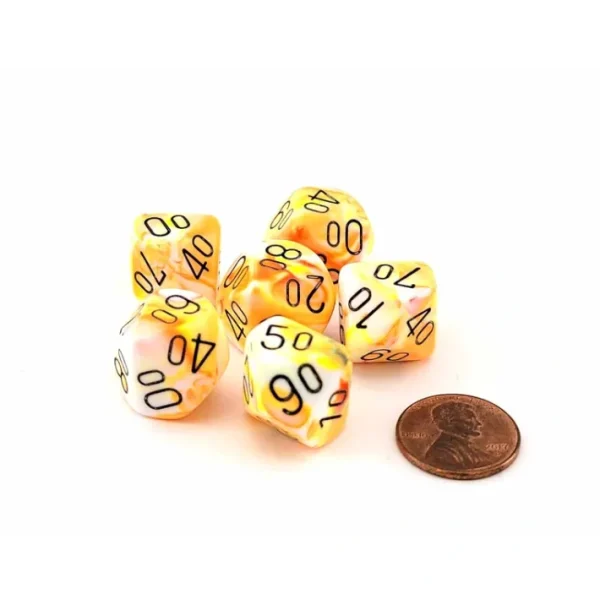 Festive 16mm Tens D10 (00-90) Dice, 6 Pieces - Sunburst with Black Numbers - Your Source for Gaming Essentials Cheap