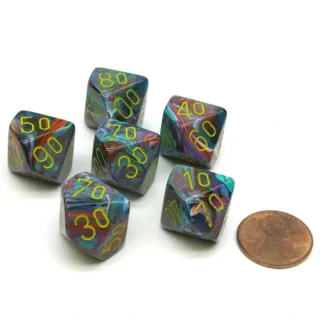 Festive 16mm Tens D10 (00-90) Dice, 6 Pieces - Mosaic with Yellow Numbers - Your Source for Gaming Essentials Best Sale