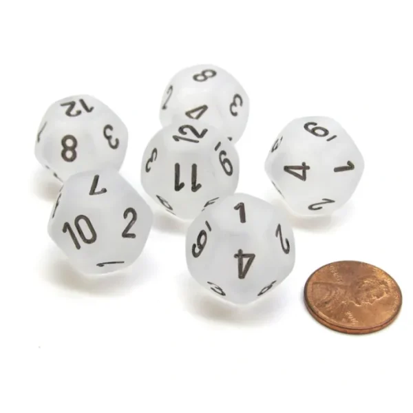 Frosted 18mm 12 Sided D12 Chessex Dice, 6 Pieces - Clear with Black - Your Source for Gaming Essentials Clearance