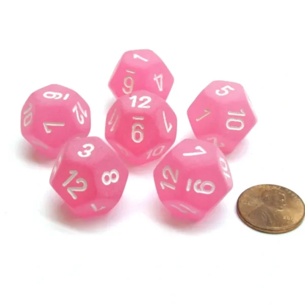 Frosted 18mm 12 Sided D12 Chessex Dice, 6 Pieces - Pink with White - Your Source for Gaming Essentials Discount