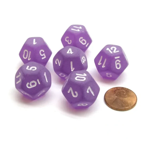Frosted 18mm 12 Sided D12 Chessex Dice, 6 Pieces - Purple with White - Your Source for Gaming Essentials Online