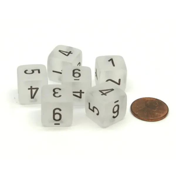 Frosted 15mm 6 Sided D6 Chessex Dice, 6 Pieces - Clear with Black Numbers - Your Source for Gaming Essentials Outlet