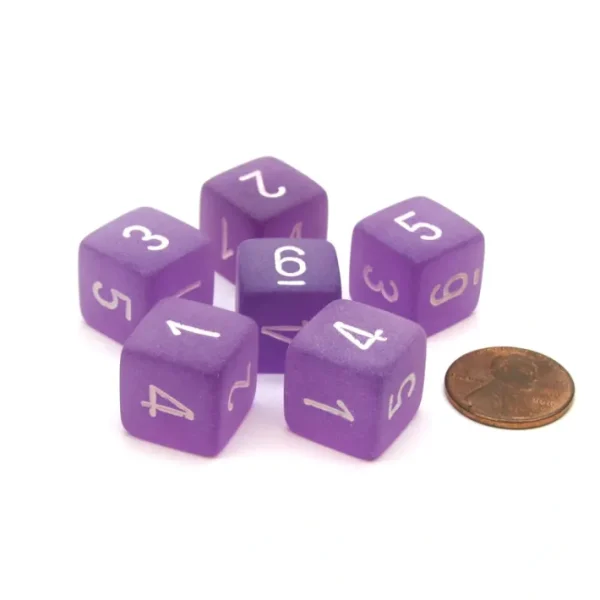 Frosted 15mm 6 Sided D6 Chessex Dice, 6 Pieces - Purple with White Numbers - Your Source for Gaming Essentials Cheap