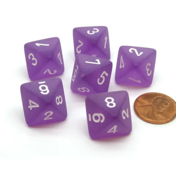 Frosted 15mm 8 Sided D8 Chessex Dice, 6 Pieces - Purple with White - Your Source for Gaming Essentials Fashion
