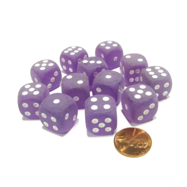 Frosted 16mm D6 Chessex Dice Block (12 Dice) - Purple with White Pips - Your Source for Gaming Essentials Outlet