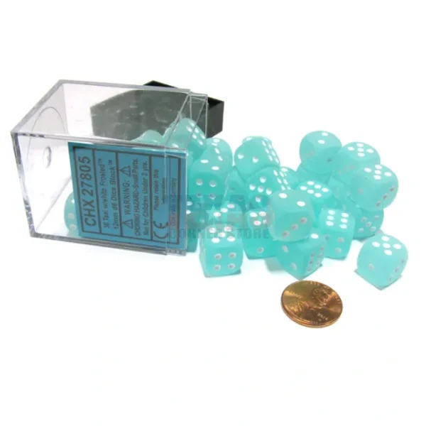Frosted 12mm D6 Chessex Dice Block (36 Dice) - Teal with White Pips - Your Source for Gaming Essentials Clearance
