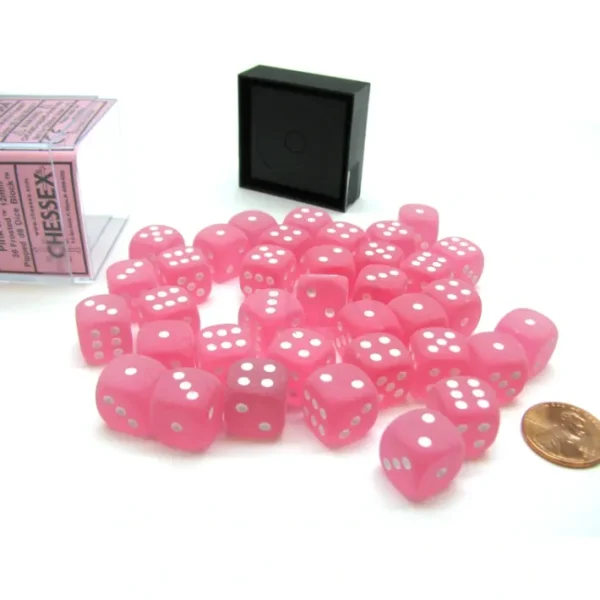 Frosted 12mm D6 Chessex Dice Block (36 Die) - Pink with White Pips - Your Source for Gaming Essentials Cheap
