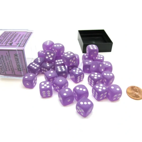 Frosted 12mm D6 Chessex Dice Block (36 Die) - Purple with White Pips - Your Source for Gaming Essentials Cheap