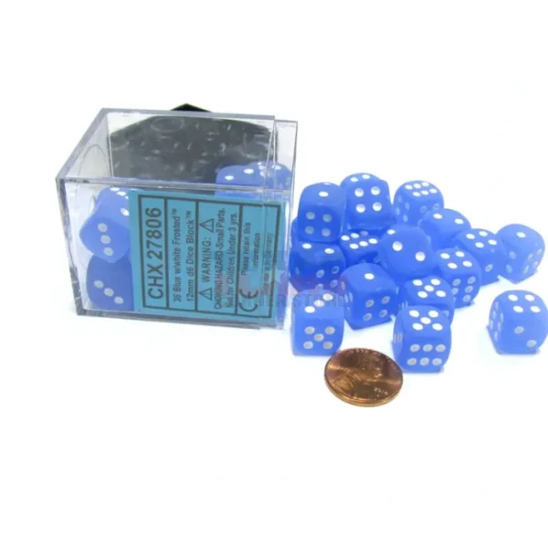Frosted 12mm D6 Chessex Dice Block (36 Dice) - Blue with White Pips - Your Source for Gaming Essentials Store