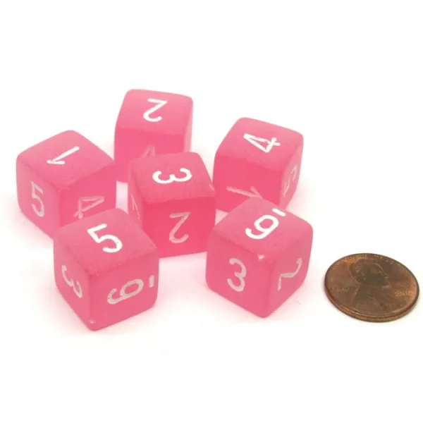 Frosted 15mm D6 Polyhedral Chessex Dice, 6 Pieces - Pink with White Numbers - Your Source for Gaming Essentials Store