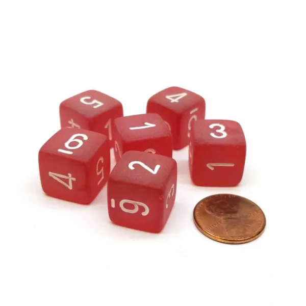 Frosted 15mm D6 Polyhedral Chessex Dice, 6 Pieces - Red with White Numbers - Your Source for Gaming Essentials Clearance