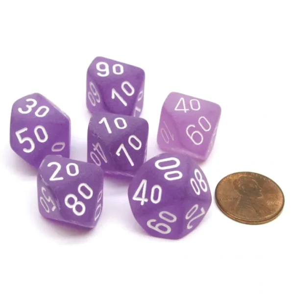 Frosted 16mm Tens D10 (00-90) Chessex Dice, 6 Pieces - Purple with White Numbers - Your Source for Gaming Essentials Best