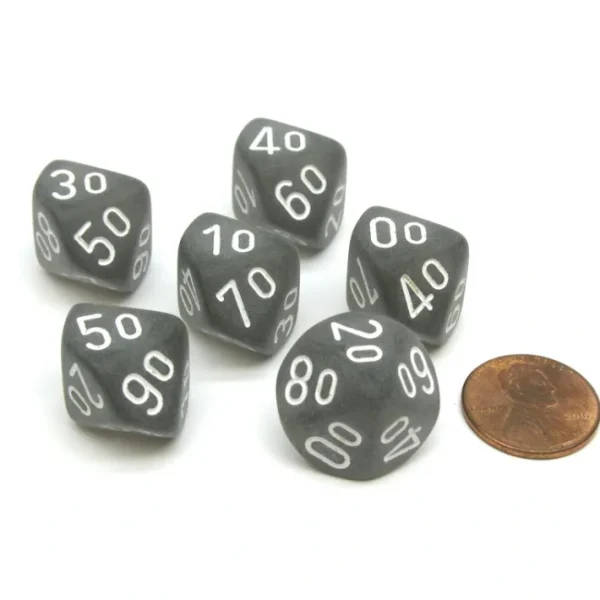 Frosted 16mm Tens D10 (00-90) Chessex Dice, 6 Pieces - Smoke with White Numbers - Your Source for Gaming Essentials Online
