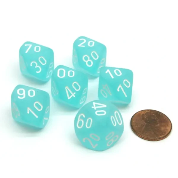 Frosted 16mm Tens D10 (00-90) Chessex Dice, 6 Pieces - Teal with White Numbers - Your Source for Gaming Essentials New