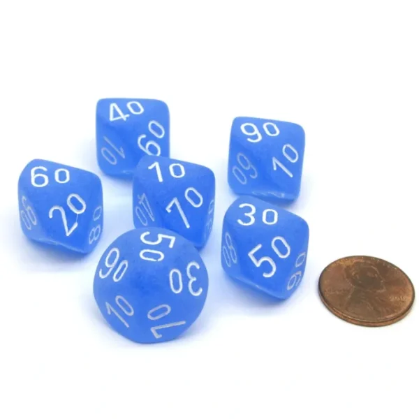 Frosted 16mm Tens D10 (00-90) Chessex Dice, 6 Pieces - Blue with White Numbers - Your Source for Gaming Essentials Clearance