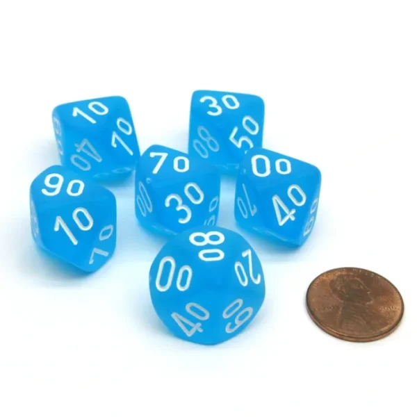 Frosted 16mm Tens D10 (00-90) Chessex Dice, 6 Pieces - Caribbean Blue with White - Your Source for Gaming Essentials Cheap