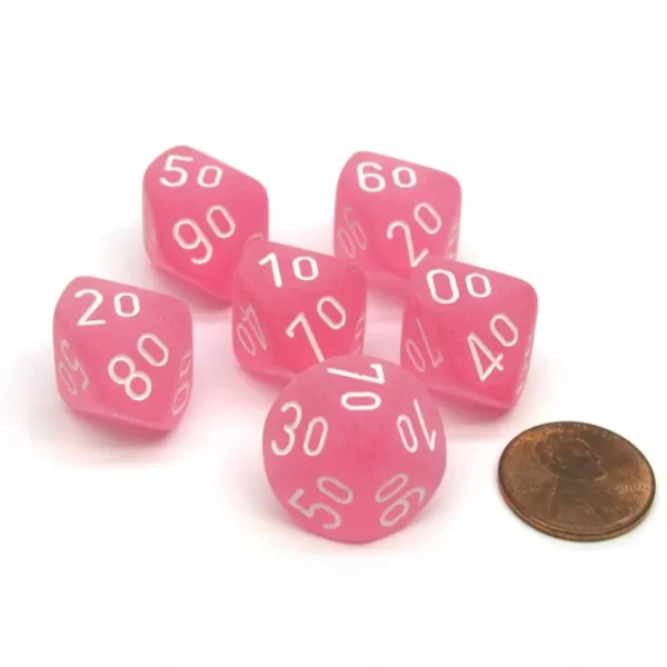 Frosted 16mm Tens D10 (00-90) Chessex Dice, 6 Pieces - Pink with White Numbers - Your Source for Gaming Essentials Fashion