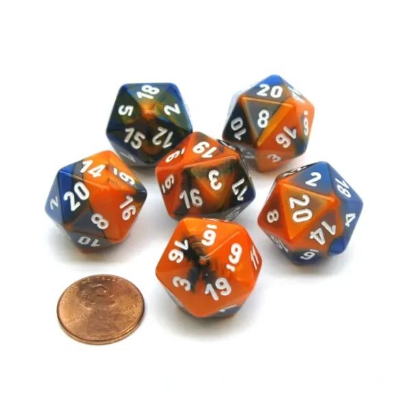 Gemini 20 Sided D20 Chessex Dice, 6 Pieces - Blue-Orange with White Numbers - Your Source for Gaming Essentials Clearance