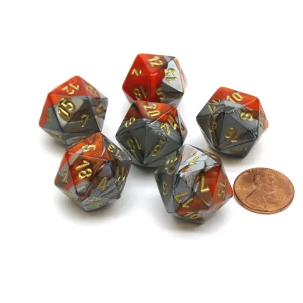 Gemini 20 Sided D20 Chessex Dice, 6 Pieces - Orange-Steel with Gold Numbers - Your Source for Gaming Essentials Hot