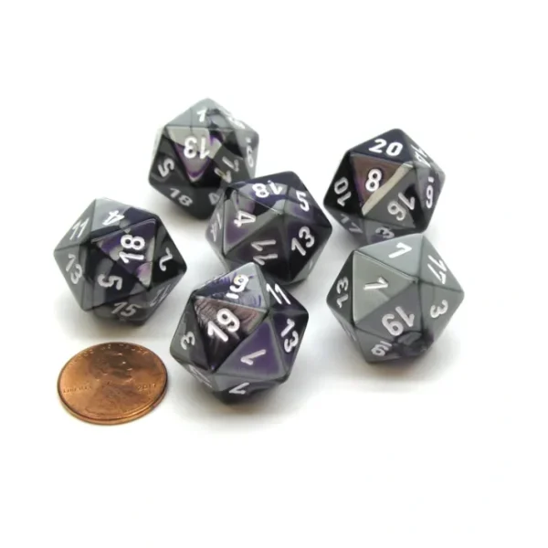 Gemini 20 Sided D20 Chessex Dice, 6 Pieces - Purple-Steel with White Numbers - Your Source for Gaming Essentials Best Sale