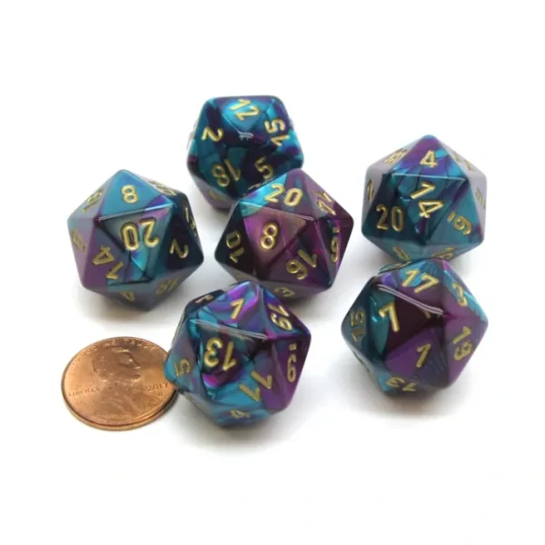 Gemini 20 Sided D20 Chessex Dice, 6 Pieces - Purple-Teal with Gold Numbers - Your Source for Gaming Essentials Best Sale