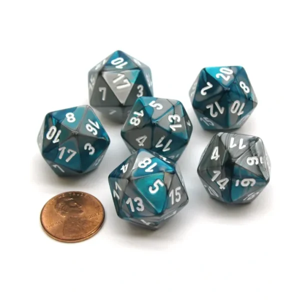 Gemini 20 Sided D20 Chessex Dice, 6 Pieces - Steel-Teal with White Numbers - Your Source for Gaming Essentials Shop