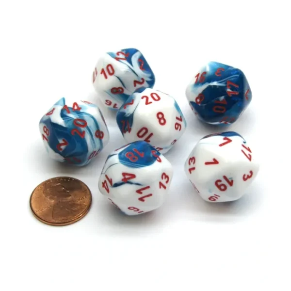 Gemini 20 Sided D20 Chessex Dice, 6 Pieces - Astral Blue-White with Red Numbers - Your Source for Gaming Essentials Online