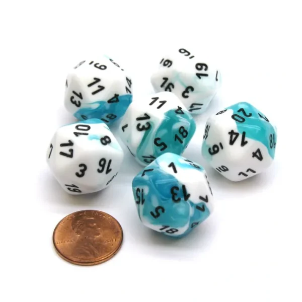 Gemini 20 Sided D20 Chessex Dice, 6 Pieces - Teal-White with Black Numbers - Your Source for Gaming Essentials Store