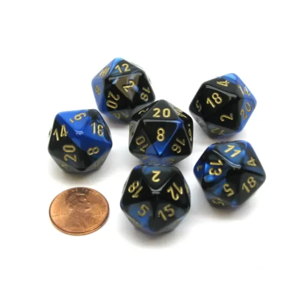 Gemini 20 Sided D20 Chessex Dice, 6 Pieces - Black-Blue with Gold Numbers - Your Source for Gaming Essentials Hot