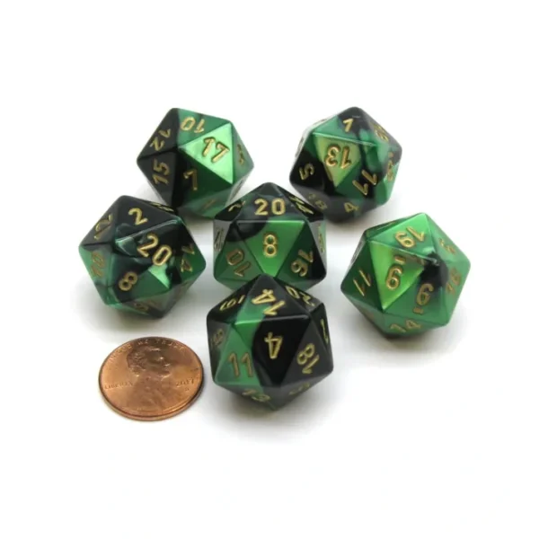 Gemini 20 Sided D20 Chessex Dice, 6 Pieces - Black-Green with Gold Numbers - Your Source for Gaming Essentials Online