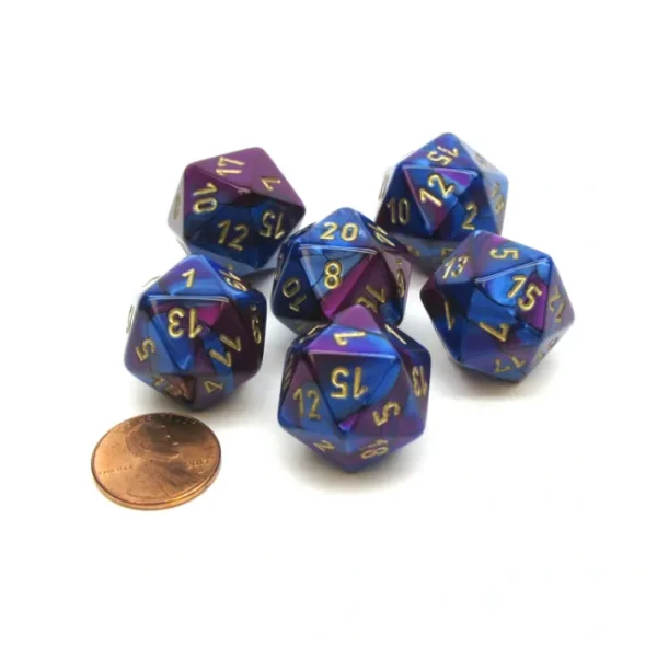 Gemini 20 Sided D20 Chessex Dice, 6 Pieces - Blue-Purple with Gold Numbers - Your Source for Gaming Essentials Cheap