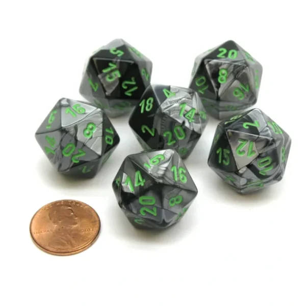 Gemini 20 Sided D20 Chessex Dice, 6 Pieces - Black-Grey with Green Numbers - Your Source for Gaming Essentials Fashion