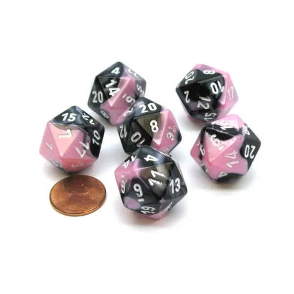 Gemini 20 Sided D20 Chessex Dice, 6 Pieces - Black-Pink with White Numbers - Your Source for Gaming Essentials Store
