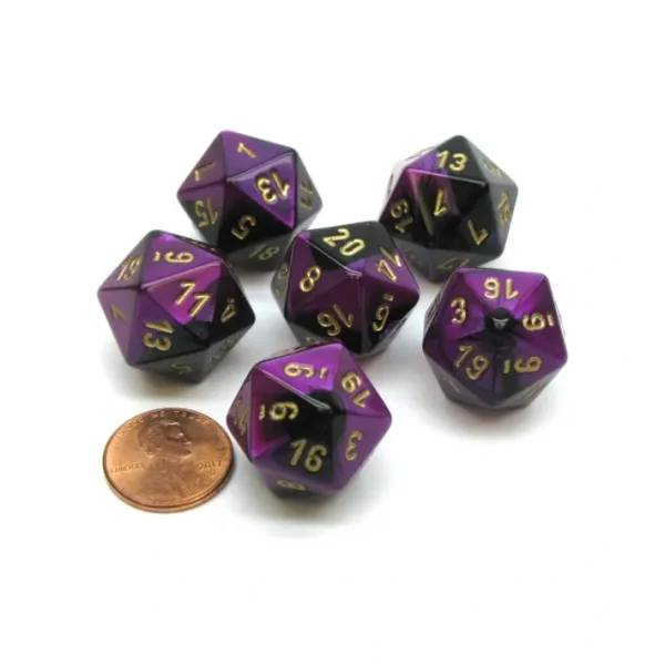 Gemini 20 Sided D20 Chessex Dice, 6 Pieces - Black-Purple with Gold Numbers - Your Source for Gaming Essentials Cheap
