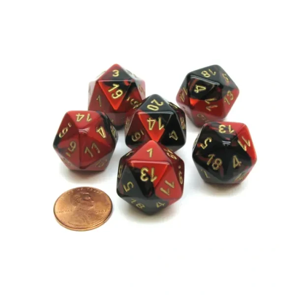 Gemini 20 Sided D20 Chessex Dice, 6 Pieces - Black-Red with Gold Numbers - Your Source for Gaming Essentials New