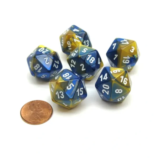 Gemini 20 Sided D20 Chessex Dice, 6 Pieces - Blue-Gold with White Numbers - Your Source for Gaming Essentials Online